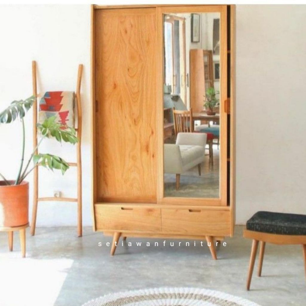 Almari Retro Jati 2 Pintu Kaca Cermin - Lemari Kayu Jati Berkualitas