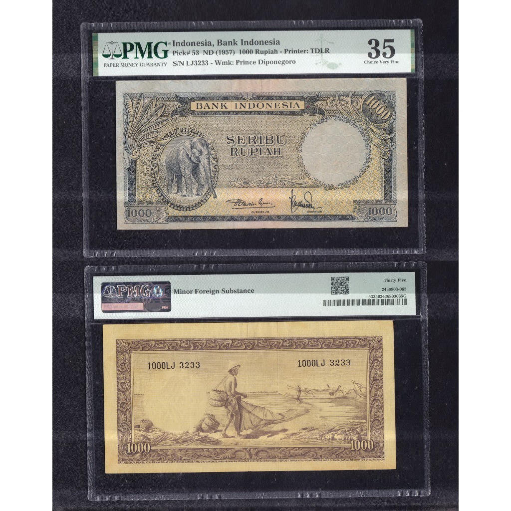 Uang kuno PMG 35 - 1000 rupiah seri Hewan (gajah) tahun 1957 S/N LJ 3233