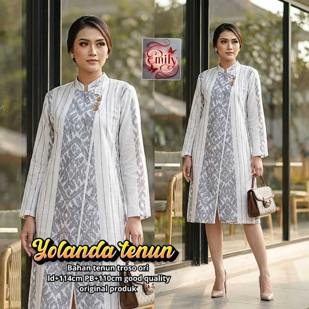 Yolanda Tenun Midi Dress Outer Gamis Batik Etnik Original Emily Bahan Tenun Troso Ori Premium LD 114