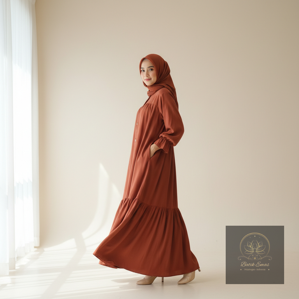 CLOVER CLOTHING Gamis Polos Rayon Twill Rempel Kancing Depan Wanita Muslimah Multiwarna