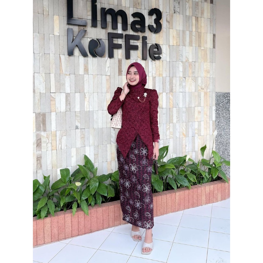 NLKM BATIK Set Kebaya Kartavira Modern Kutu baru Janggan Jumbo burgundy