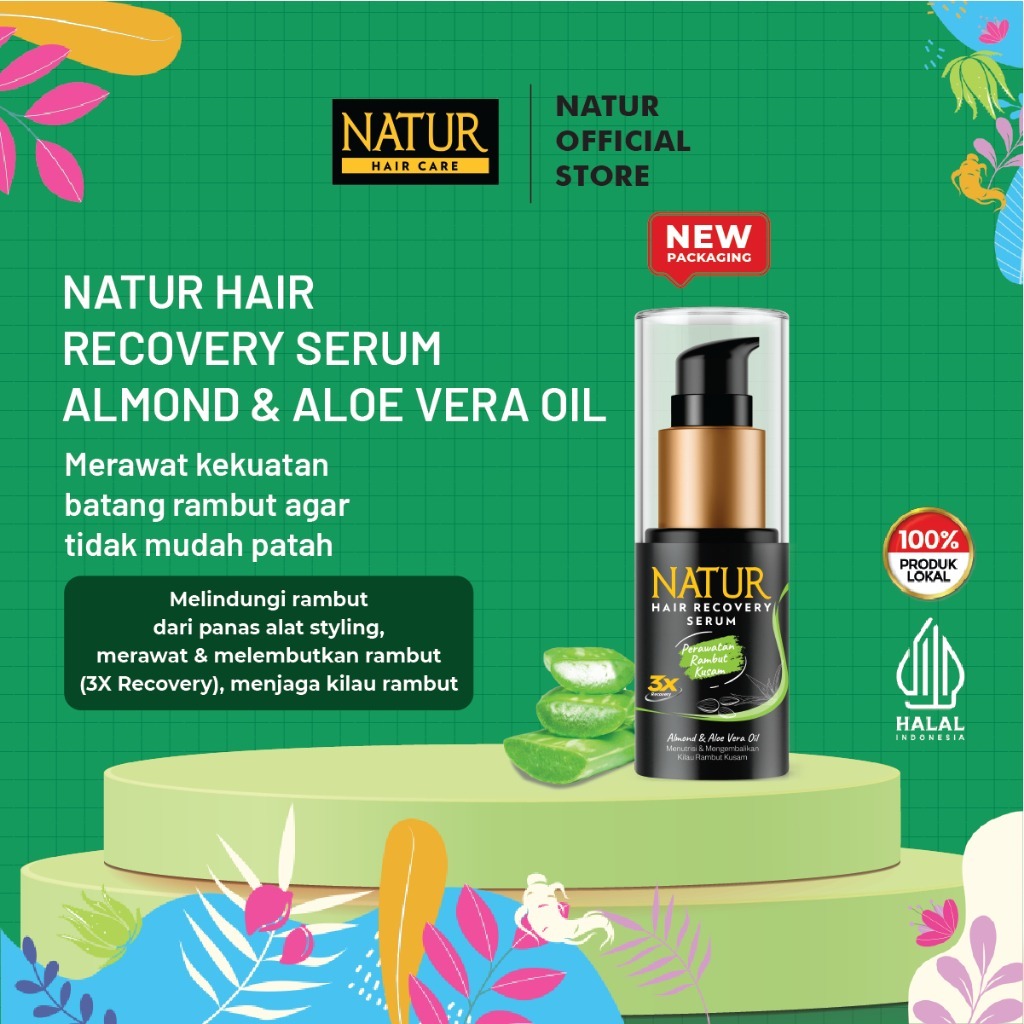 (ORIGINAL) Natur Hair Recovery Serum Almond & Aloe Vera Oil 60ml | Perawatan Rambut Rusak & Kering