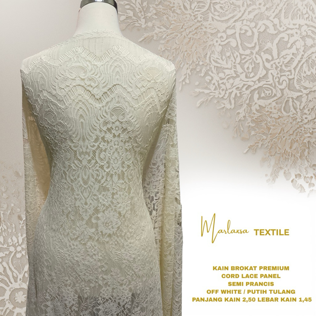 KAIN BROKAT PREMIUM WARNA OFF WHITE | CORD LACE PANEL SEMI PRANCIS OFF WHITE COLOUR | KAIN KEBAYA NI