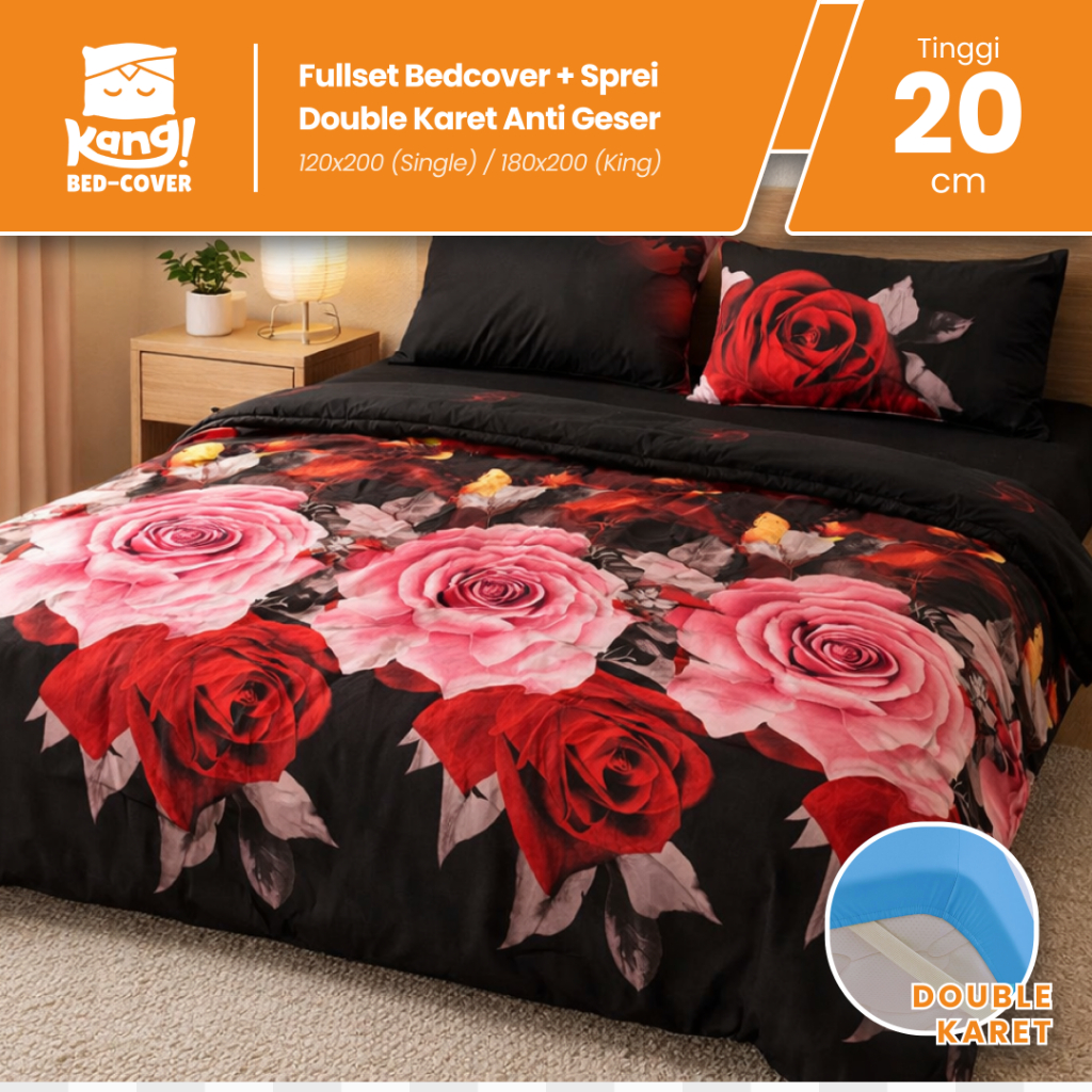KangBc - Bedcover 1 Set Sprei 180 x 200 - Motif Bunga - Kupu Mawar - Bed Cover Set Sprei Sarung Bant