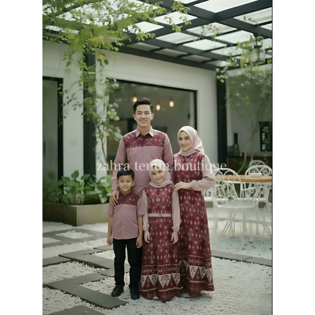 Zahra tenun boutique- Sarimbit Keluarga Tenun Troso Jepara Original - Gamis burgundy & Hem Anak Dewa