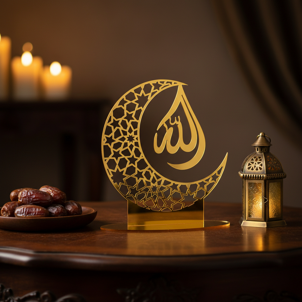 Dekorasi Islami Akrilik Mirror Gold Allah - Ornamen Meja Estetik dengan Efek Bayangan Cantik