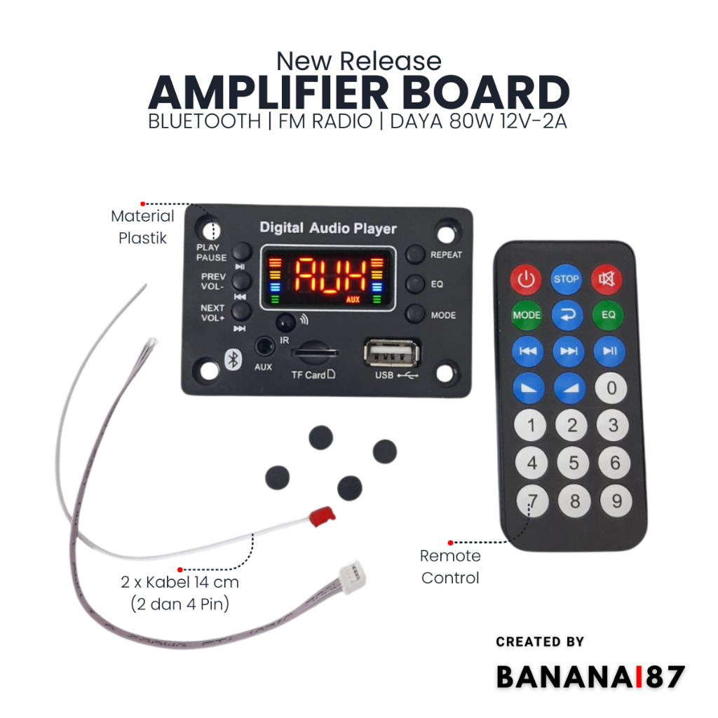 Amplifier Board Bluetooth 80W DC 12V 24V | Modul MP3 Player USB Radio FM Speaker Rakitan