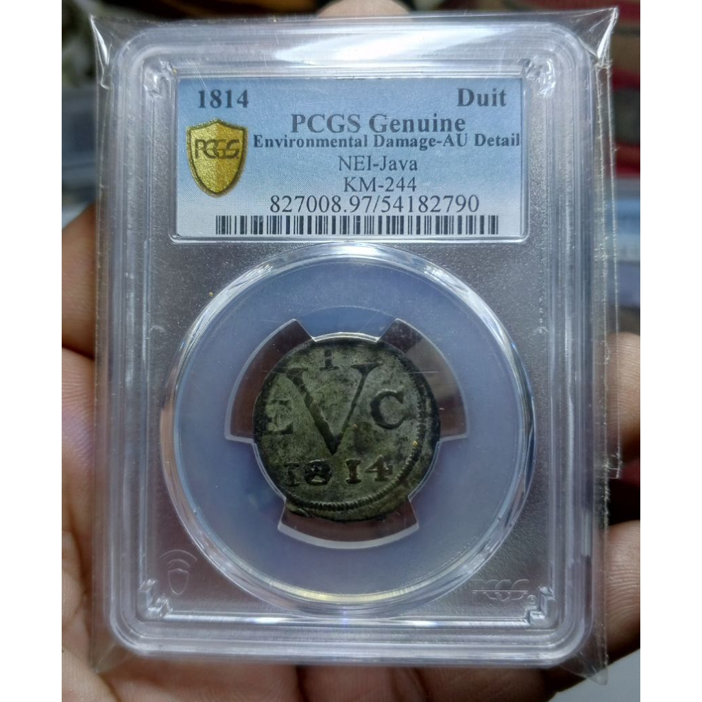 Koin Tin  EVIC 1 Doit Java 1814 PCGS Au -Detail