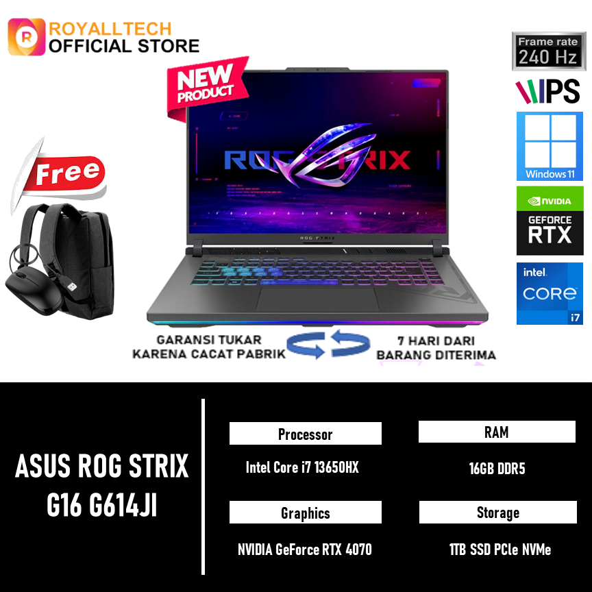 LAPTOP ASUS ROG STRIX G16 G614JI I7 13650 RTX4070 8GB - RAM 32GB 1TB WINDOWS 11 16.0FHD IPS LAPTOP G