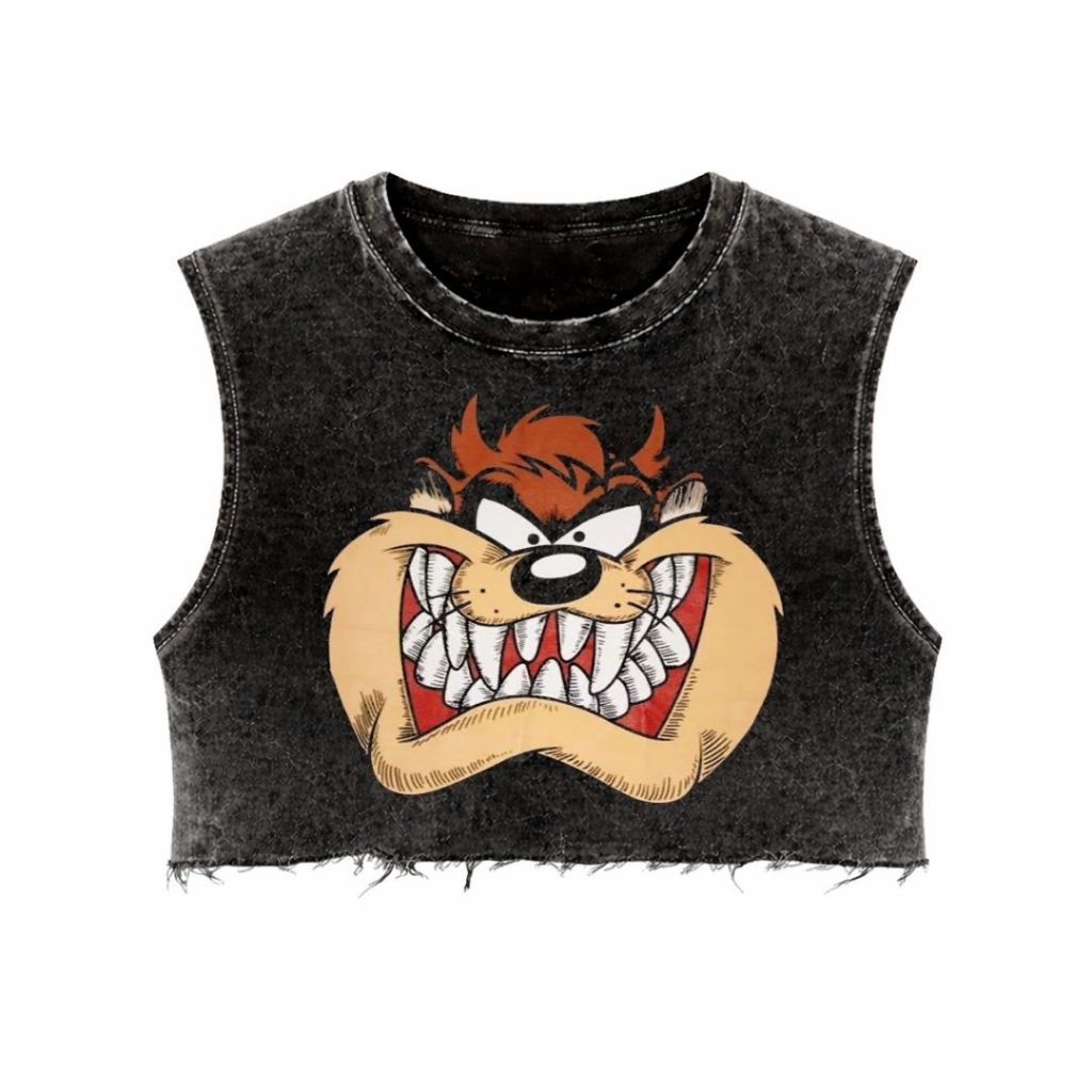 Psycho Crucify "Tazmania" Crop Top Sleeveless Wash Oversized T-Shirt | Washing | Crop Tee Unfinished