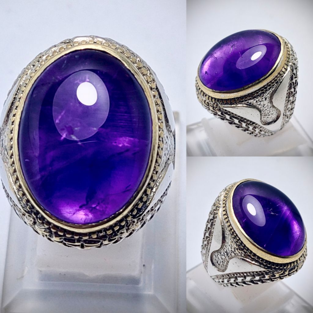 CINCIN BATU PERMATA KECUBUNG UNGU KALIMANTAN JUMBO NATURAL AMATHYES QUARTZ KODE 03632