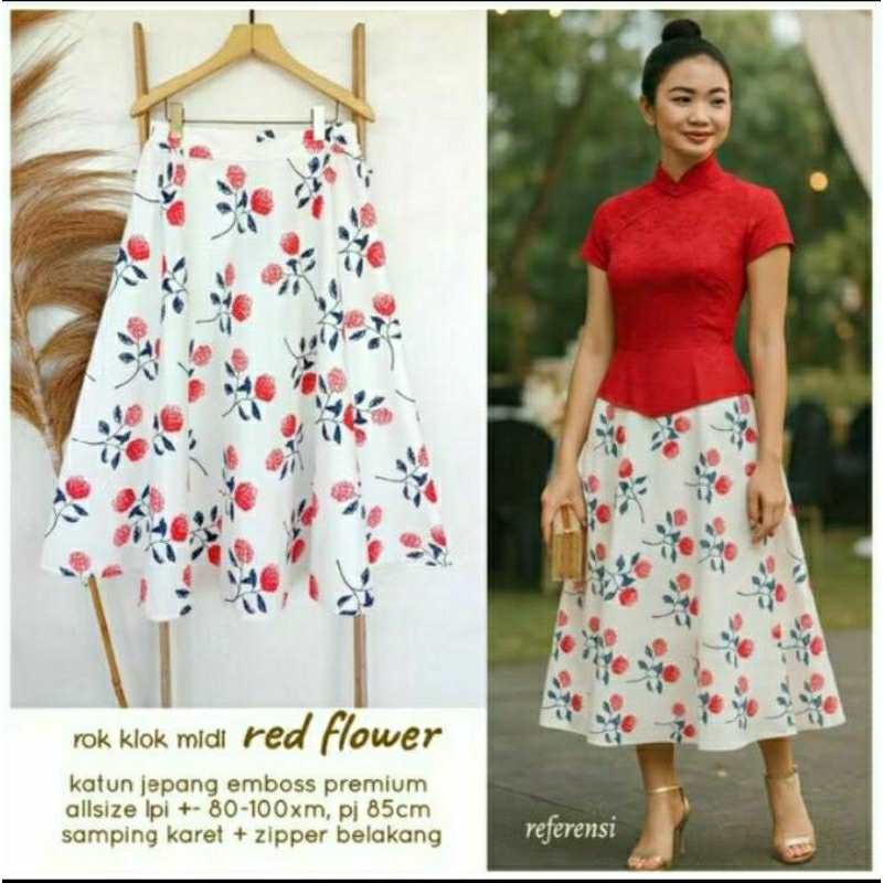 Rok Klok Midi Red Flower Batik Solo Rok Batik Wanita