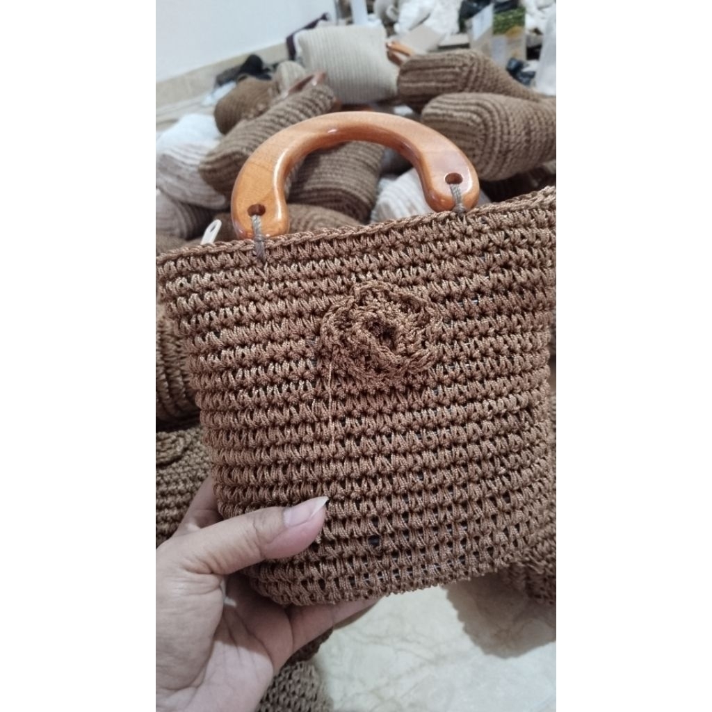 Tas Rajut Benang Nylon nilon handle kayu termurah