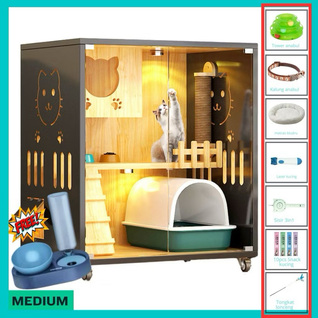 Kandangsultan-Catquarium|Villa|Kandang|Rumah Kucing Kayu Medium B3 Hitam Kayu 80*60*95cm Papan Kayu 
