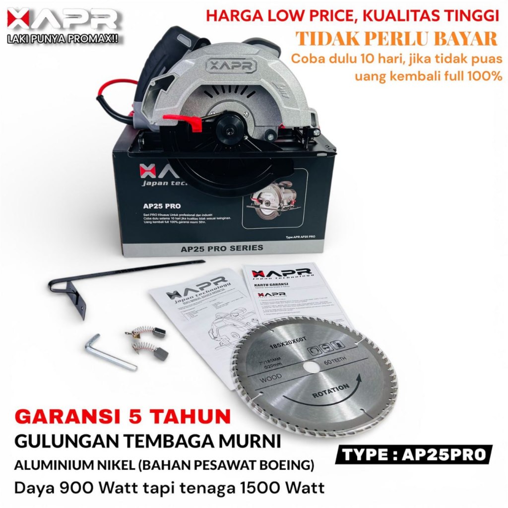 Mesin Gergaji Listrik APR AP25PRO Circular Saw 7" Sirkel Potong Kayu Triplek Serbaguna High Power