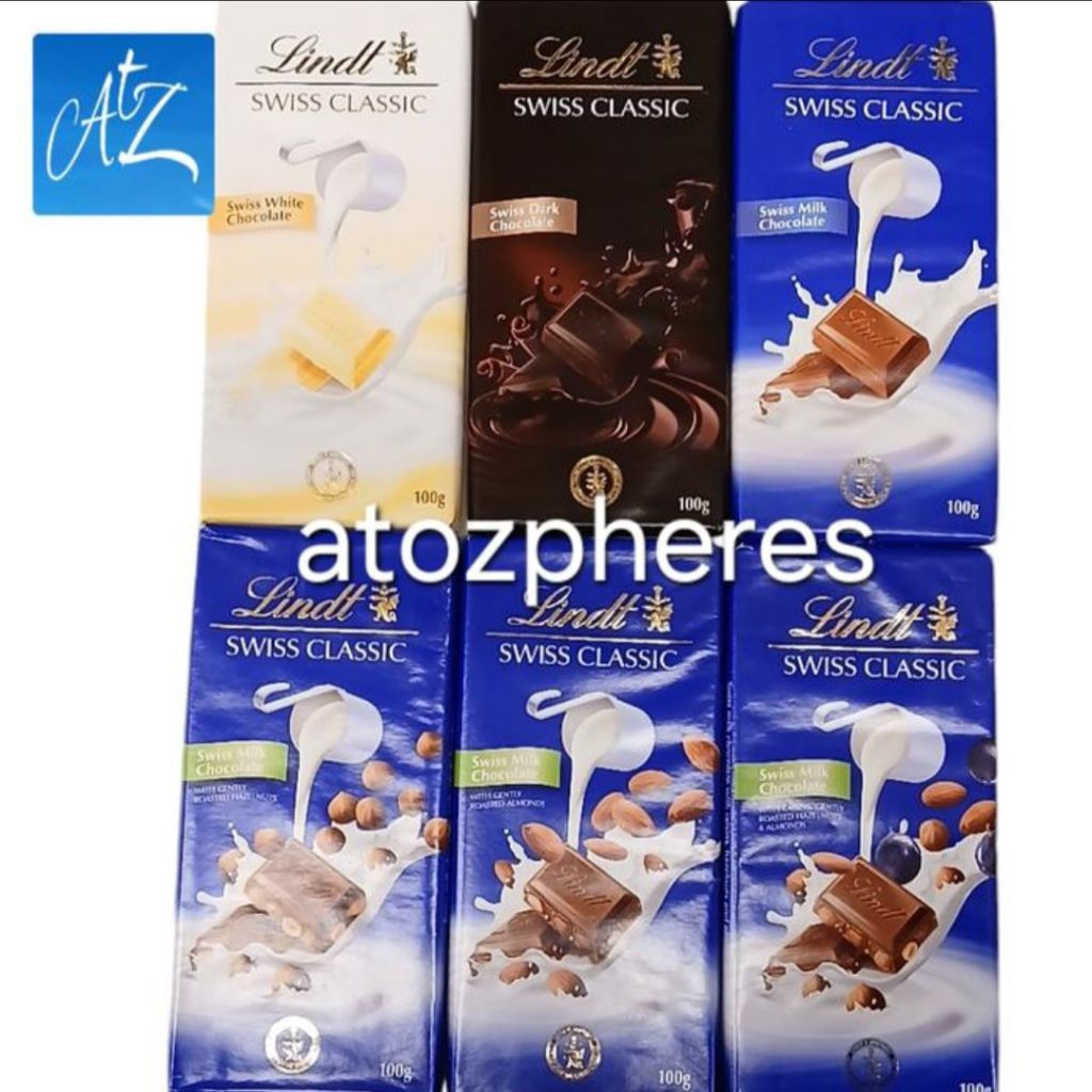 Cemilan coklat cokelat hitam / putih / susu / kismis / kacang hazel / badam almond Lindt SWISS CLASS