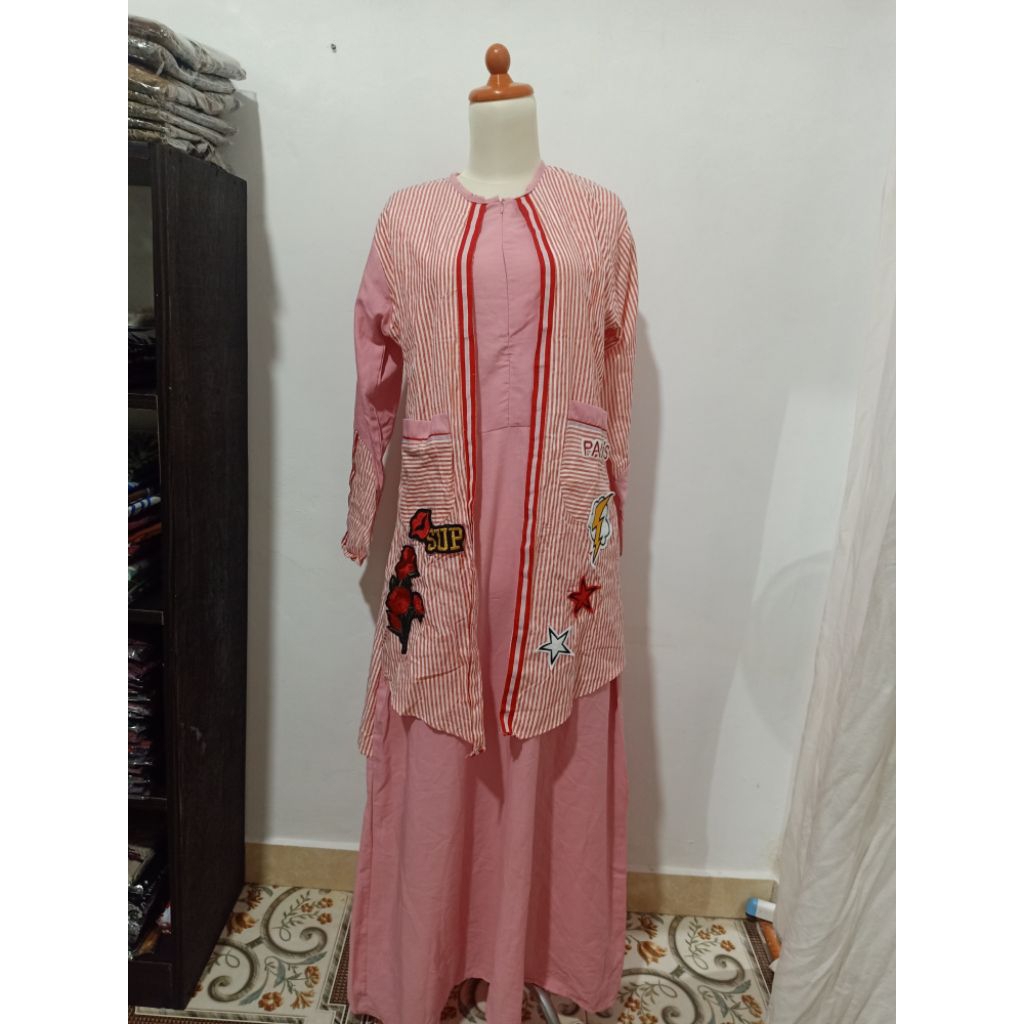 Gamis outer set hijab Pink muda motif timbul bordir tempel cantik Casual busui friendly
