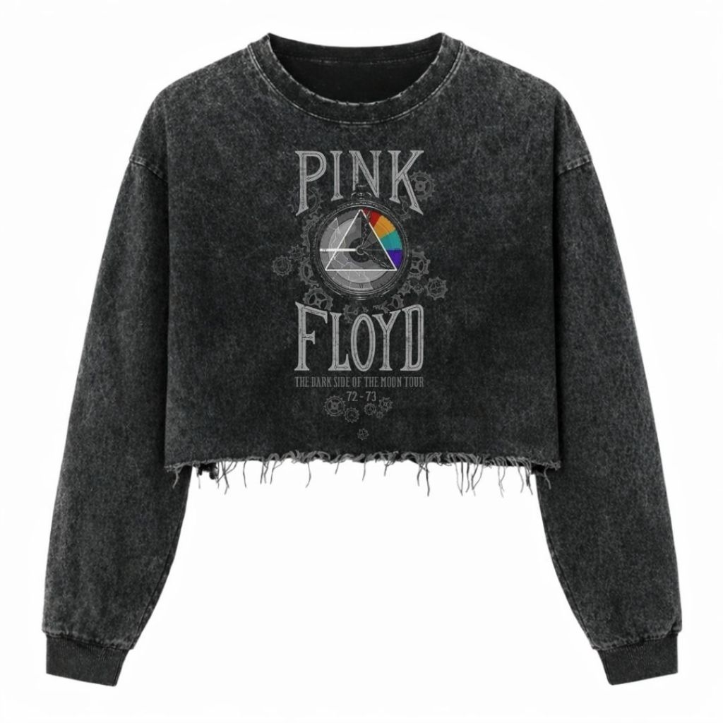 Psycho Crucify "Pink Floyd" Crop Top Long Sleeve Oversized T-Shirt | Washing | Crop Tee Unfinished |