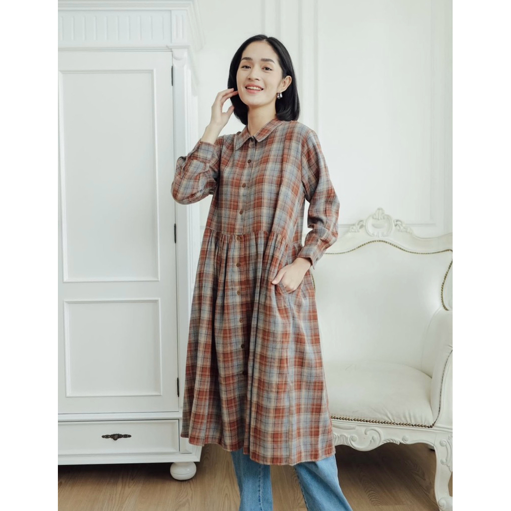 MAHARA - Tunik Kotak kotak - LUCY Mocca - Baju Flanel Halus