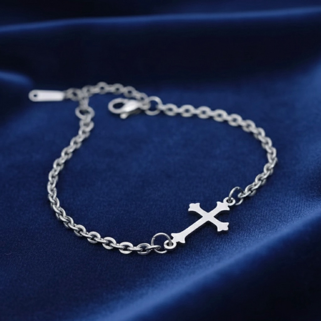 gelang titanium rantai konektor salib kecil elegan pria wanita anti karat anti luntur terbaru