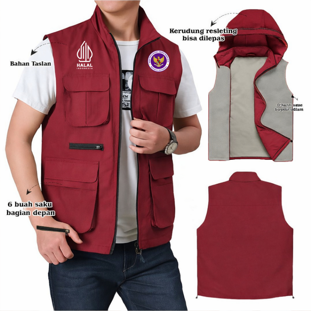ROMPI KANTONG HALAL INDONESIA BPJPH BAHAN PARASUT KEREN / JAKET VEST DISTRO HALAL / FREE CUSTOM SABL