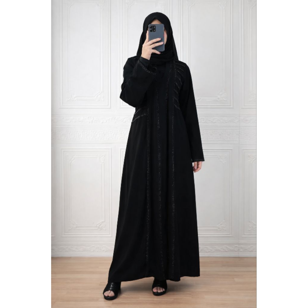abaya hitam mewah elegan ukuran dewasa jumbo bahan jetblack premium kombinasi mata swaroski busui fr