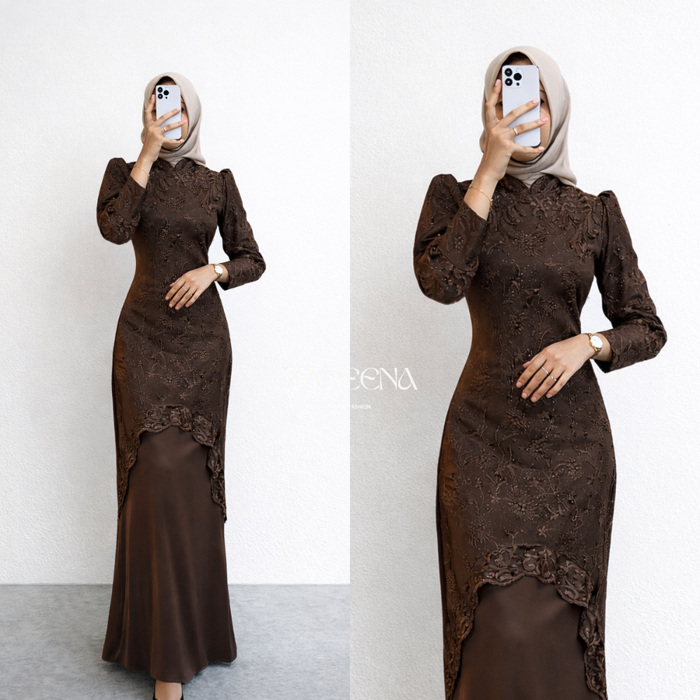 (TREND LEBARAN 2026) KARIN MAXY DRESS MELAYU SATIN BROKAT TERBARU GAMIS PESTA LEBARAN A - LINE SPECI