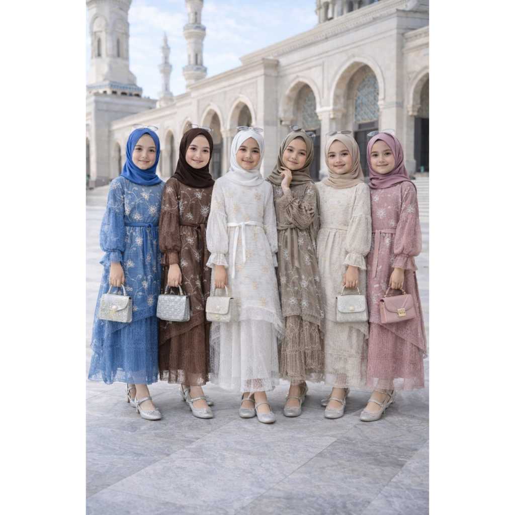 Naura Gamis Bini Orang Long Dress Anak Perempuan 2026 Free Belt Bahan Fairy Crepe Fancy Embroidery M