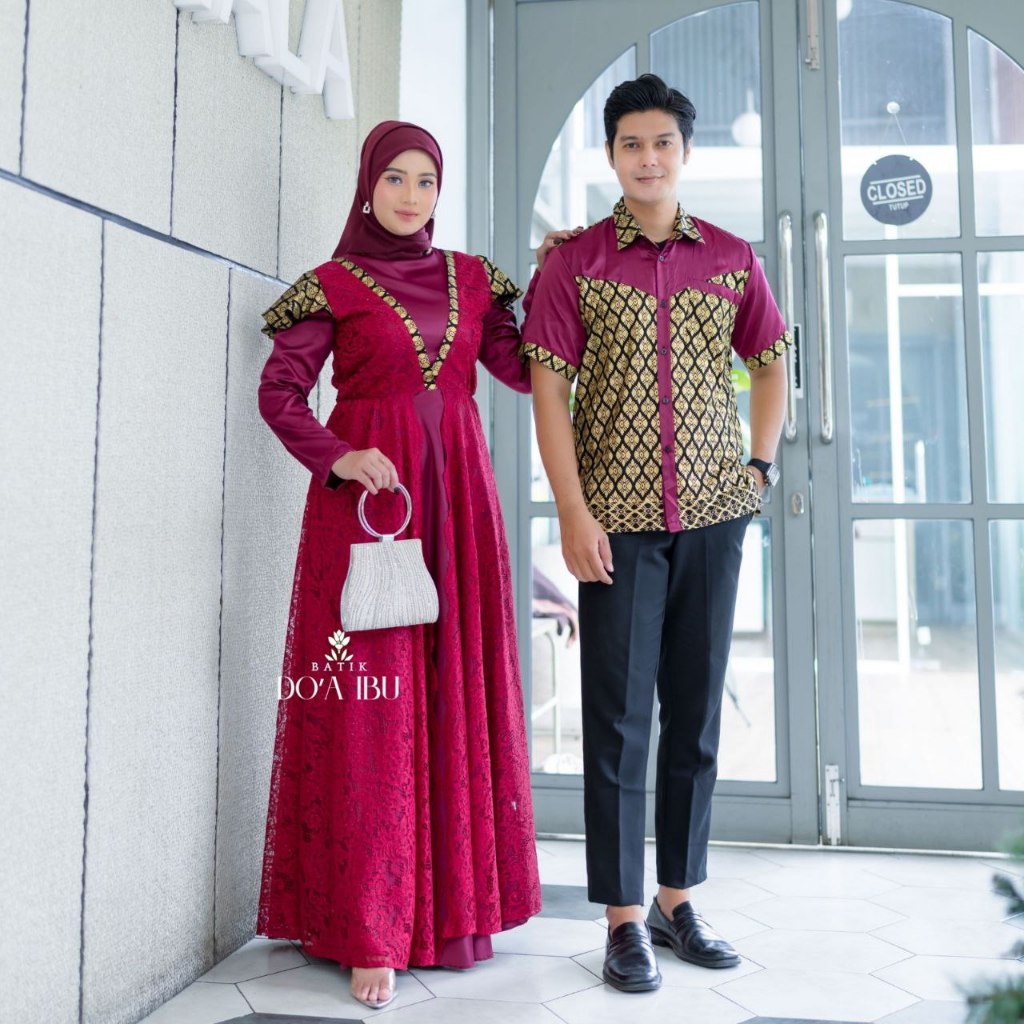 Gamis Batik Brokat - Gamis Raya Set Couple Gamis Syari Modern Brokat Batik Velvet M L XL Multiwarna