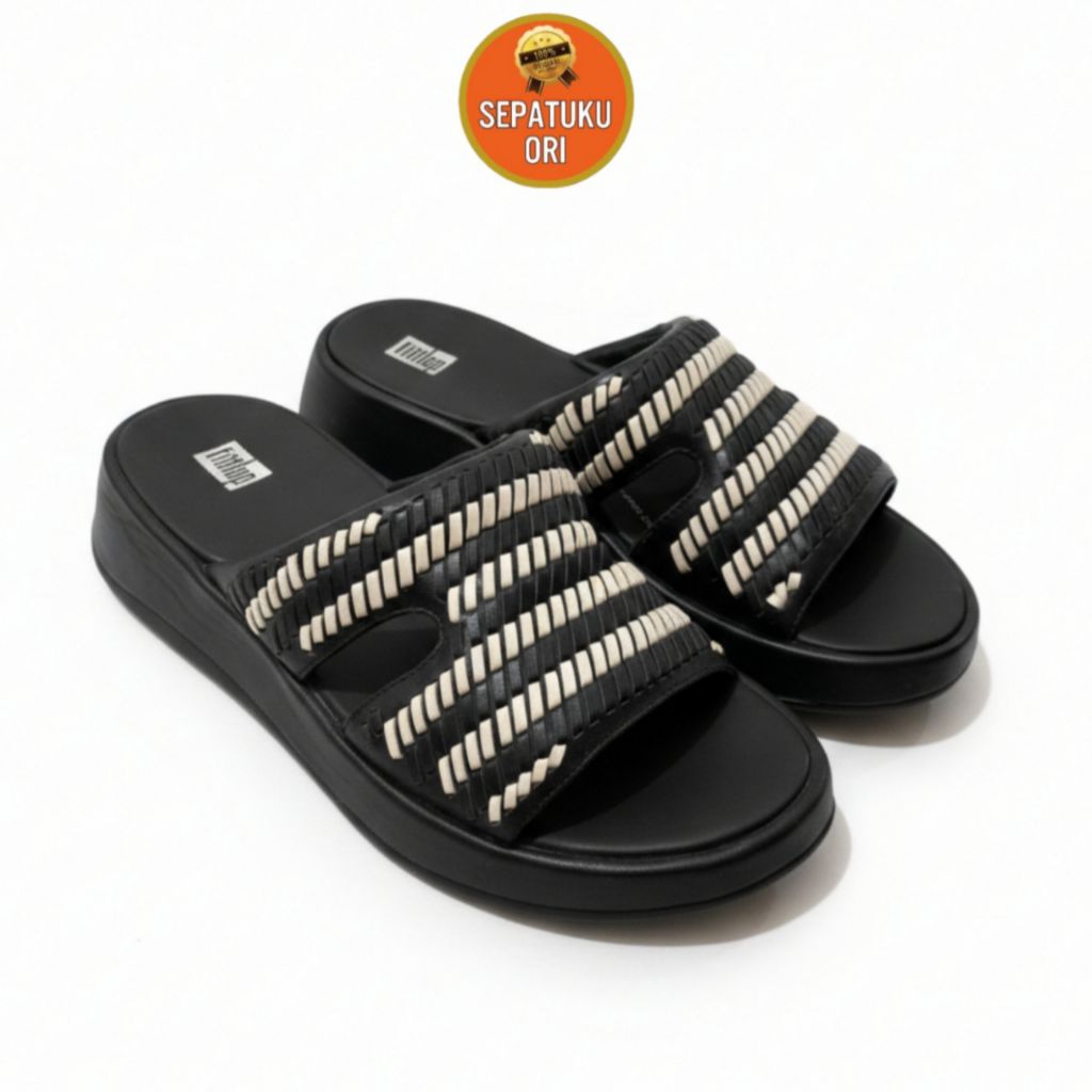 SANDAL WANITA FITFLOP SIZE (38) F-MODE WOVEN-LEATHERFLATFORM H-BAR SLIDES BLACK NEW ORI BNIB