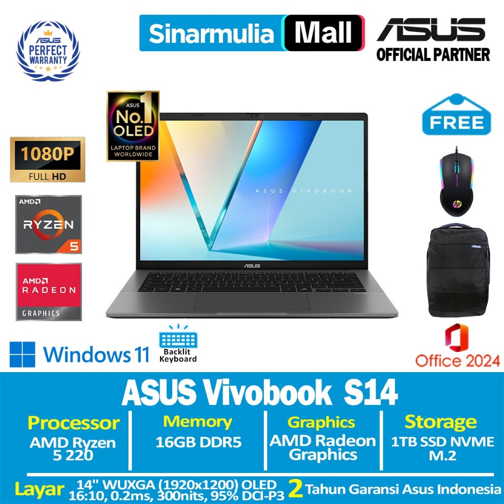 ASUS Vivobook S14 M3407HA Ryzen 5 220 1TB SSD 16GB WUXGA OLED Win11+OHS