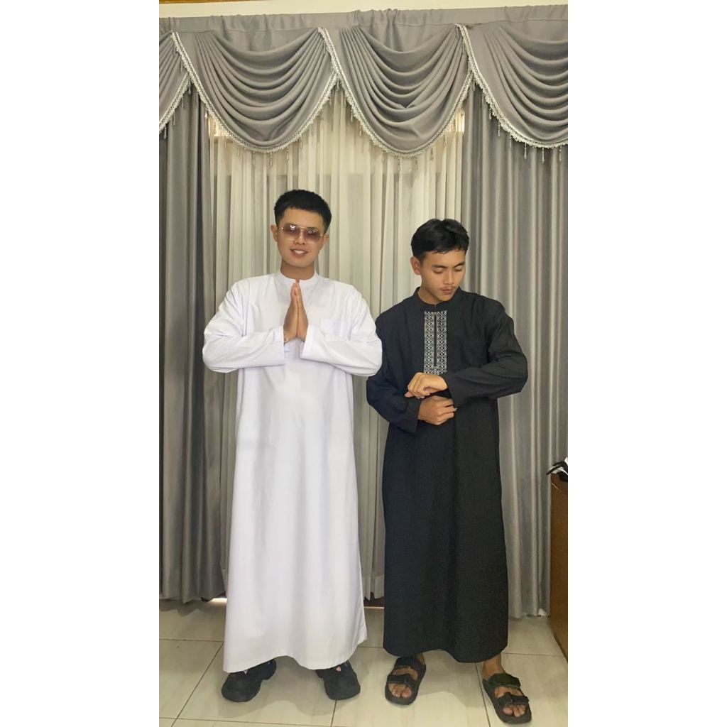 Jubah Pria Bordir Lengan Panjang / Jubah Muslim Dewasa Polos / Jubah Polos Hitam dan Putih / Gamis P