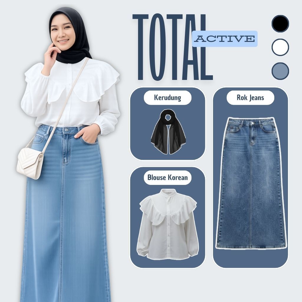 One Set Elegan Wanita ( Blouse Korean + Rok Jeans + Hijab ) Outfit Korean Style - 071
