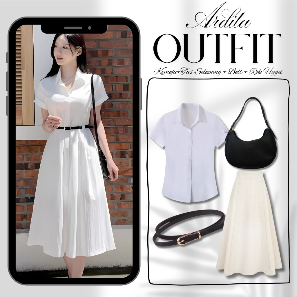 Setelan Ardila Outfit Korean Style (Kemeja+Tas Selepang + Belt + Rok Joda) korean style
