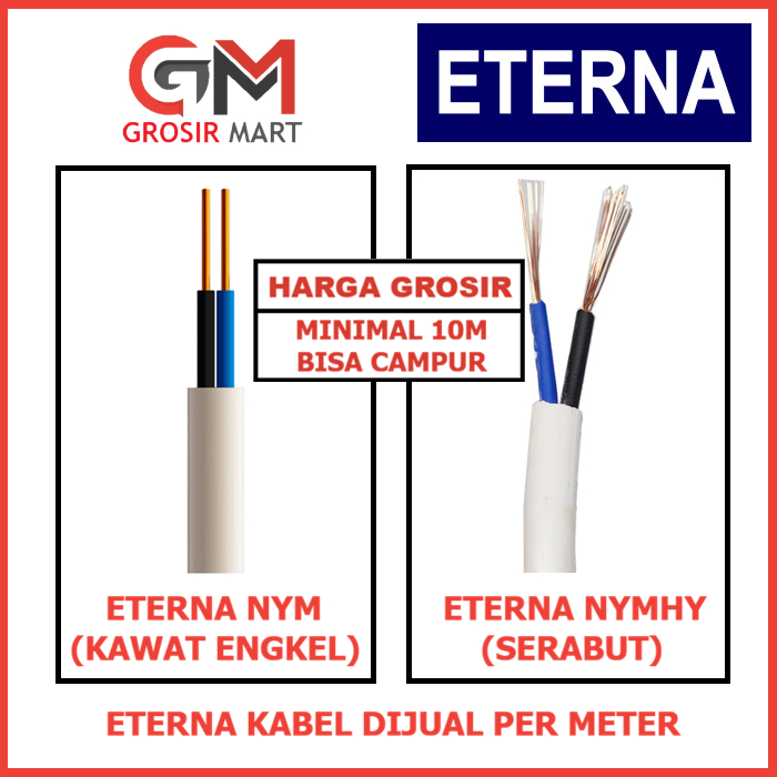 (HARGA 1 METER) Eterna Kabel Listrik NYM KAWAT Tembaga 2x1.5 1.5 2.5 3x2.5 mm NYMHY Serabut 2x0.75