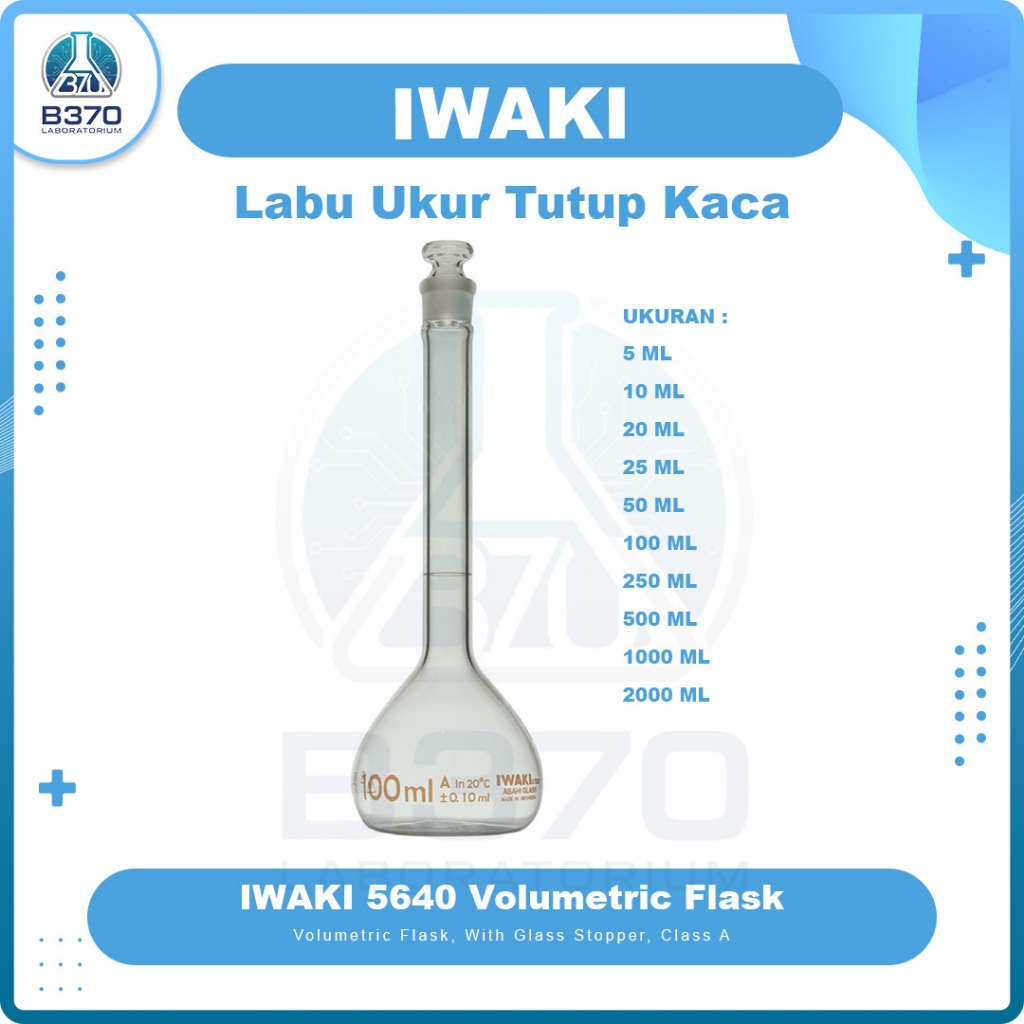 IWAKI.5640 Labu Ukur Tutup Kaca | Volumetric Flask Glass Stopper 5ml, 10ml, 20ml, 25ml, 50ml, 100ml,