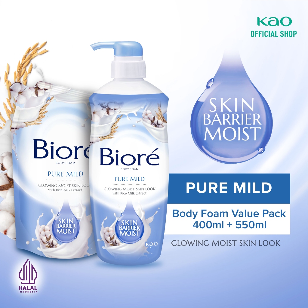 Biore Beauty Sabun Mandi Cair Pelembab Kulit Pure Mild Ekstrak Yoghurt Pump 550 ml + Refill 400 ml -