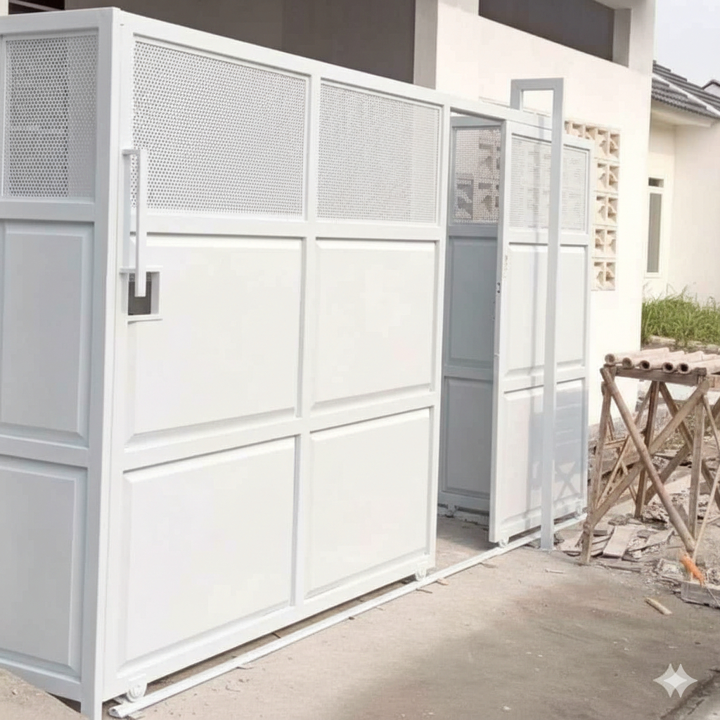 pagar rumah Pintu Geser Besi Galvanis Plus Rel Dan Roda