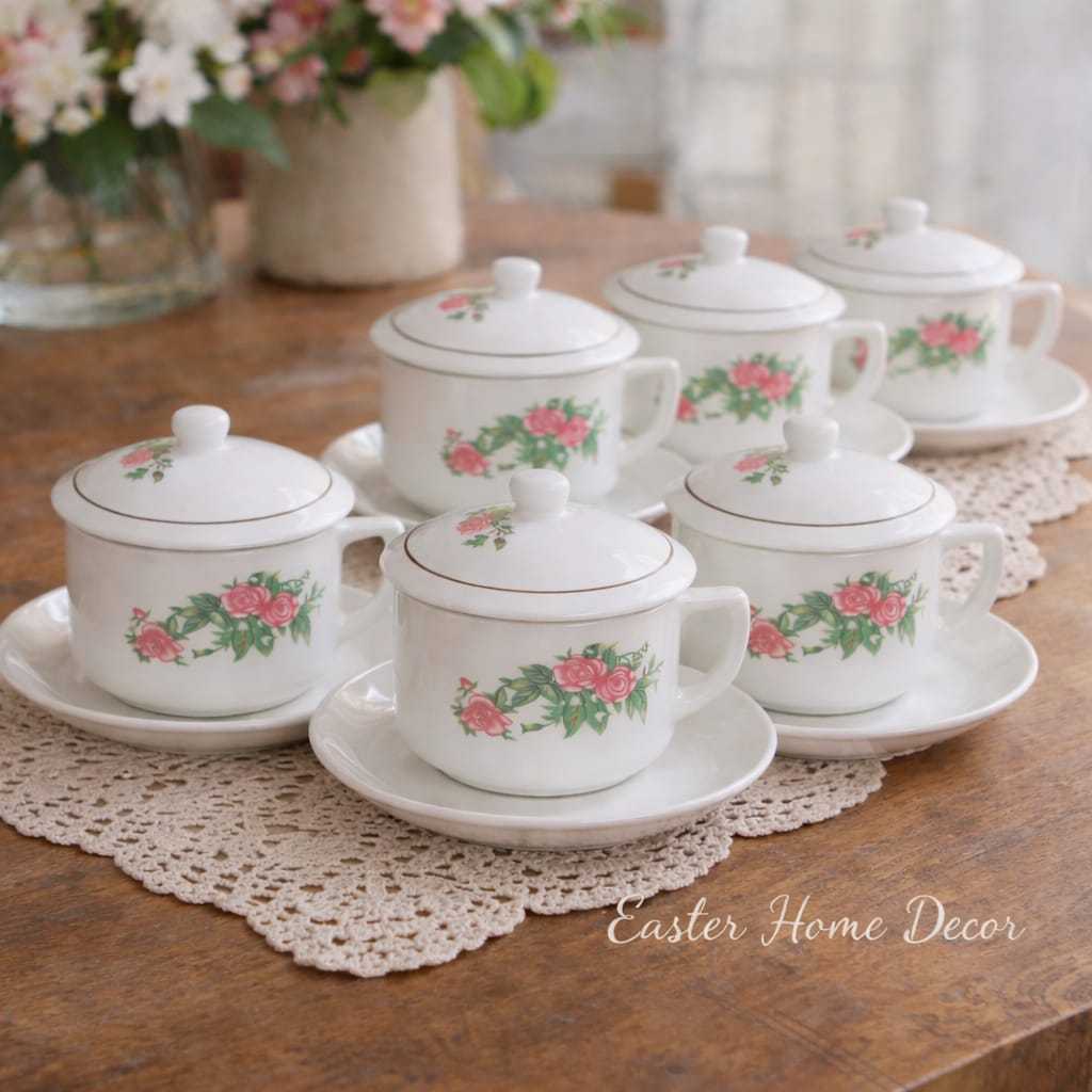 6 Set Cangkir Lepek Keramik Vintage Bunga 6 Pcs Cangkir Kopi Jadul Tea Set