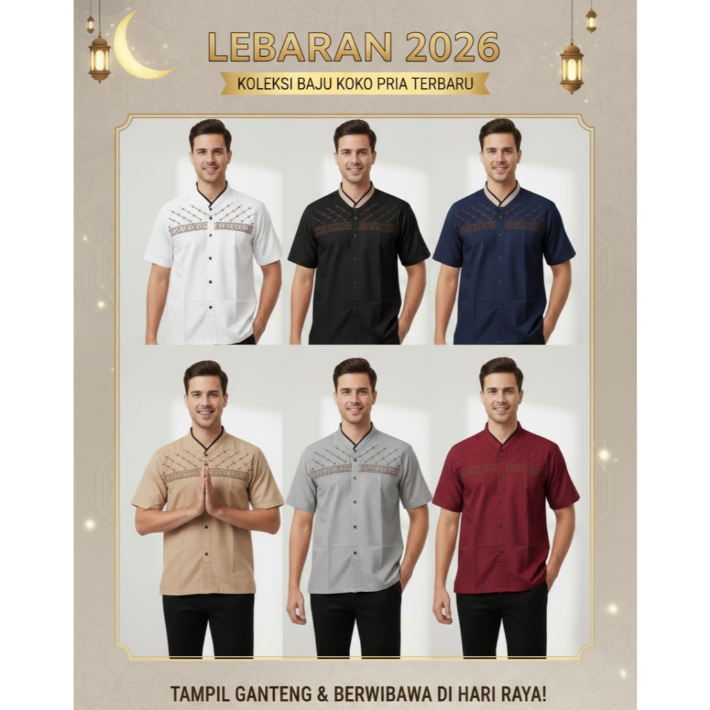 Baju Kemeja Koko Pria Dewasa Lengan Pendek Kurta Muslim Terbaru Lebaran 2026 Kemko Bordir Modern Premium Jasuke Atasan Ibadah Sholat LED Tarawih Hari Raya Idul Fitri Seragam Keluarga Katun Adem Casual Formal Pengajian Murah Grosir baju muslim lebaran