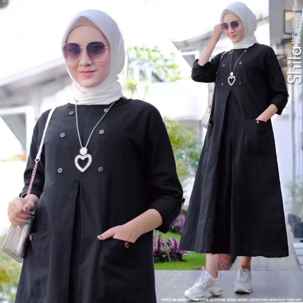 Midi Dress Wanita Muslim Cantik motif polos Katun linen Sheila