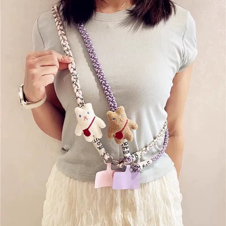 Tali Lanyard Kepang Strap Ganda untuk Botol Minum & HP Gaya Korea | Bahan Kain Motif Beruang | Tali 