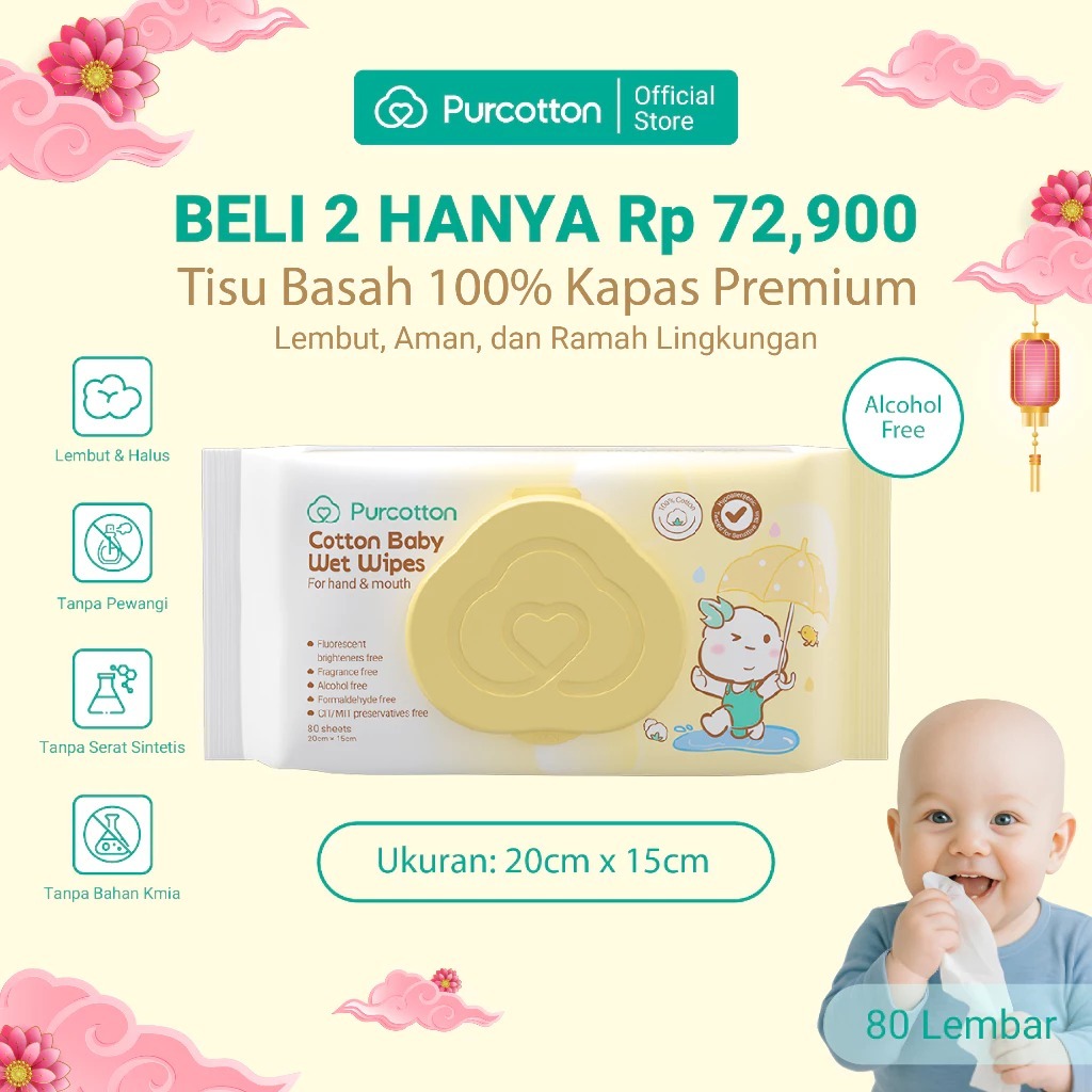 PURCOTTON Tisu Basah Bayi Natural Cotton 80 Lembar - Tisu Basah Bayi Lembut Non Alkohol