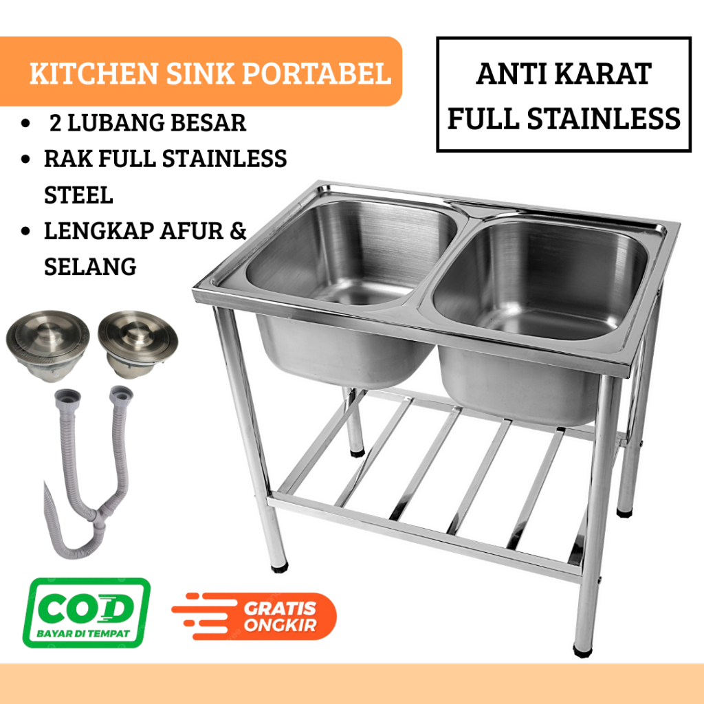 PREMIUM KITCHEN SINK PORTABEL 80x50cm 2 LUBANG BESAR WASTAFEL CUCI PIRING + RAK BAWAH STAINLESS STEE