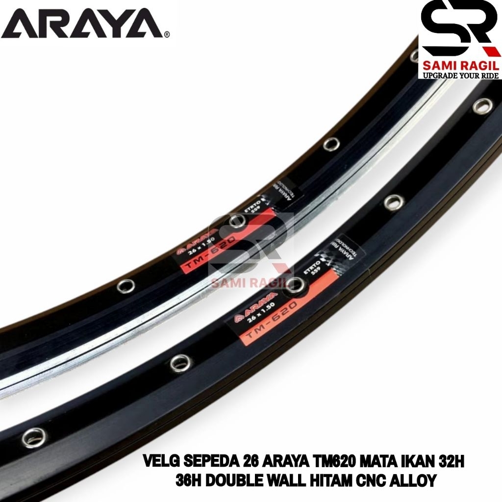 VELG SEPEDA 26 ARAYA TM620 LUBANG 32 36 MATA IKAN HOLE 32H 36H TM 620 DOUBLE WALL HITAM CNC RIM RIMS