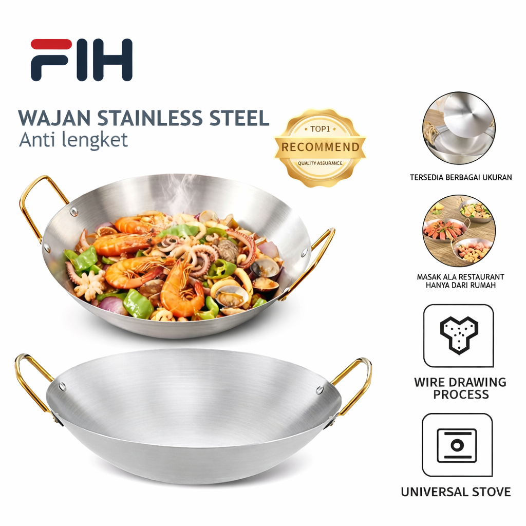 “COD” Wajan dan Panggangan Set 3PCS Stainless SUS 304 Tebal Anti Karat Kuali dan Grill Pan Serbaguna