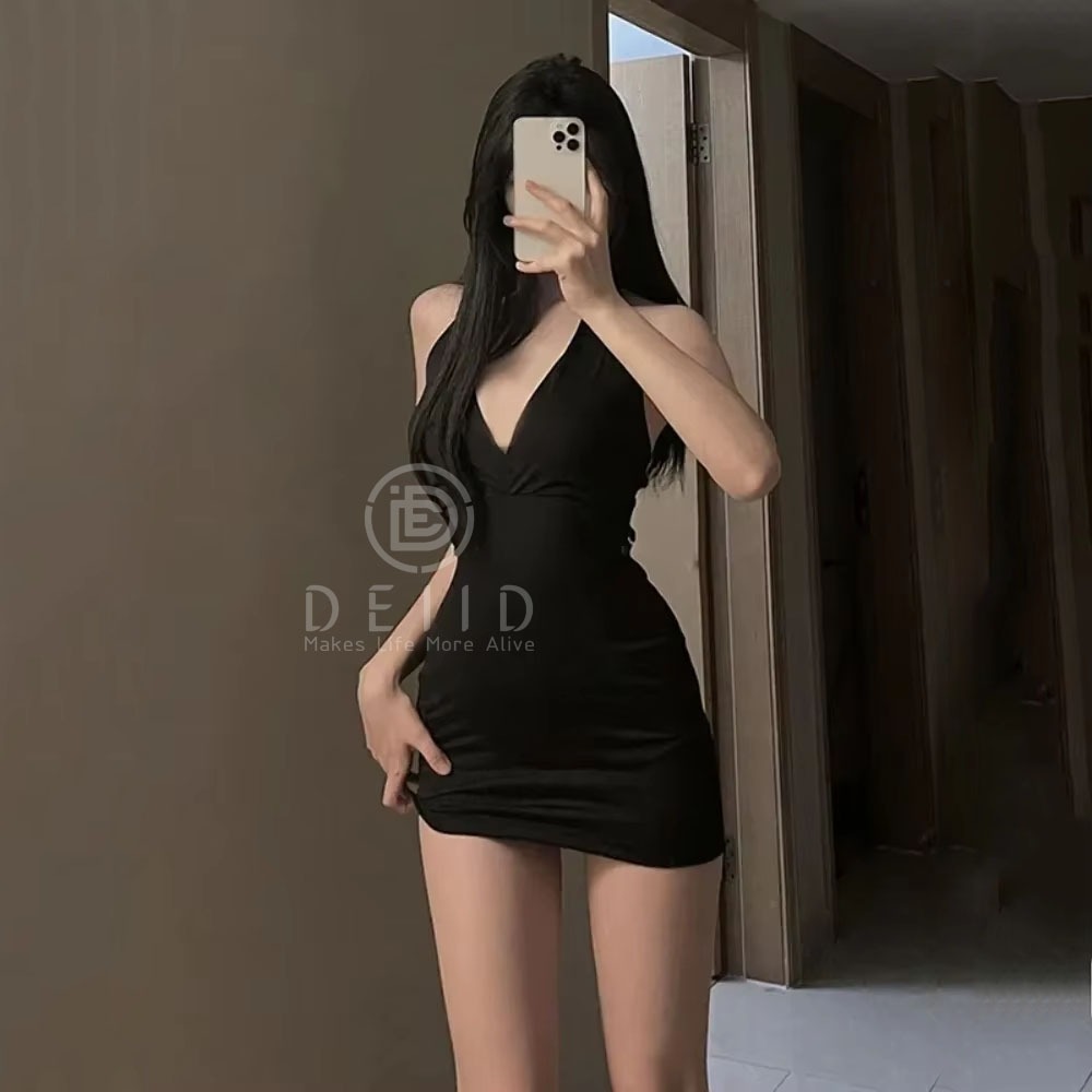 Dress Wanita Model V-neck Slim Fit Poliester Hitam Halter Backless Slim  V-Neck Night Mini Dress Bod