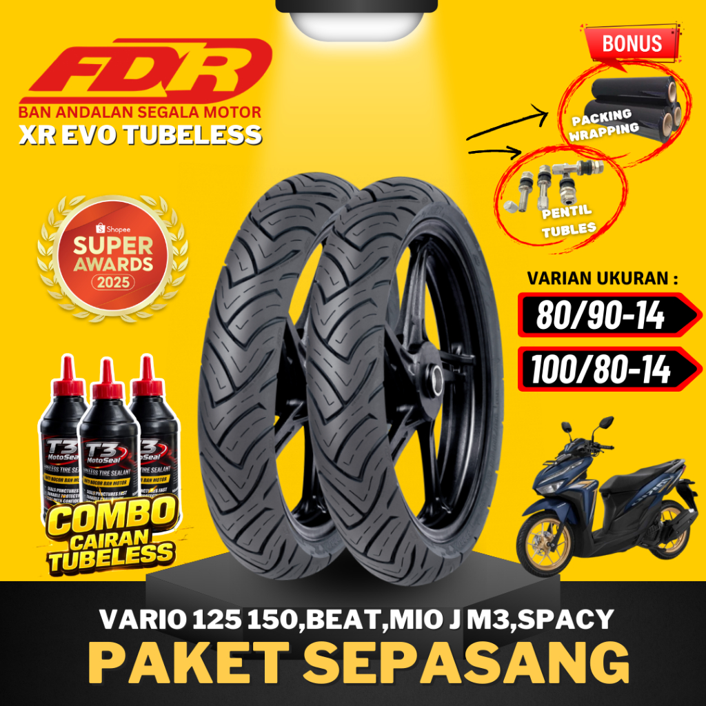 [PAKET SEPASANG MURAH] BAN FDR SPORT XR EVO RING 14 / ( 80/90-14 & 100/80-14 ) BAN FDR TUBELESS TUBL