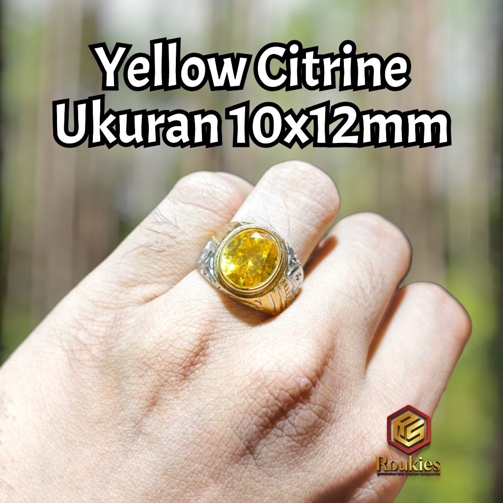 Roukies Cincin Batu American Diamond Warna Yellow Citrine Ring Titanium Ukuran 10x12mm untuk Tampila