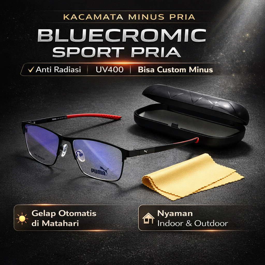 Kacamata Minus Bluecromic Pria Frame PUMA SPORT PREMIUM Kaca Mata Photochromic Blueray Original